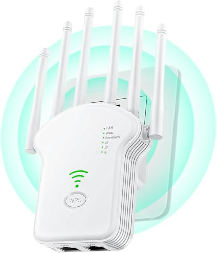 Repetidor WiFi,Amplificador señal WiFi Potente,6 Antenas,2 Puertos LAN,Cobertura Total de 360°,Cobertura de hasta 11800Sq.Ft,repetidor WiFi Largo Alcanc,para oficinas y hogares,Easy Set up