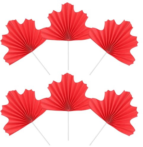 Lot de 6 éventails en papier palmier - Décoration de gâteau - Pour anniversaire, mariage, fête prénatale, fête - Rouge