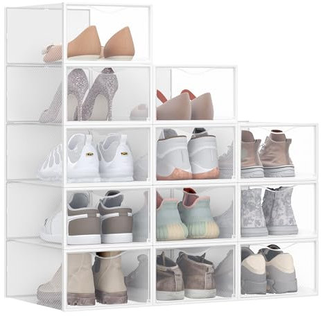 SONGMICS Scatole Contenitori per Scarpe in Plastica, Sportello, Trasparenti, 12 Pezzi, Impilabili, Facili da Montare, 33,2 x 23 x 14,5 cm, fino a Taglia 43, Trasparente e Bianco Nuvola LSP312W01