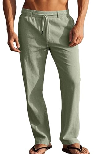 LAOARA Pantalon Homme Ete Coton Lin Pantalon Leger Yoga Été Grande Taille Elastique Pantalons de Sport Vert L