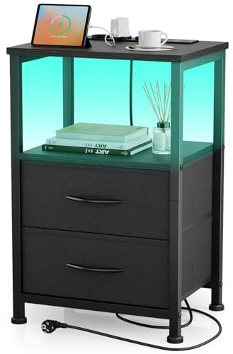 Yornoli Nachttisch mit LED & Ladefunktion, Beistelltisch mit Schublade, Nachttische mit 3 AC-Anschlüsse & 2 USB-Anschlüssen, Beistelltische fürs Wohnzimmer, Schlafzimmer, Schwarz