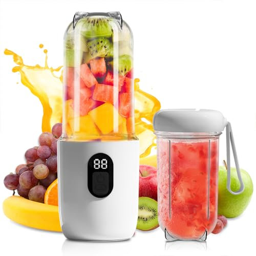 Tragbarer Mixer Smoothie Maker, 500 ml Mixer Smoothie Maker to Go mit Digitalanzeige, 16-Blatt MIXER to Go Elektrisch für Reisen Küche, Wiederaufladbarem Tragbarer Mixers für Frischen Saft, Weiß
