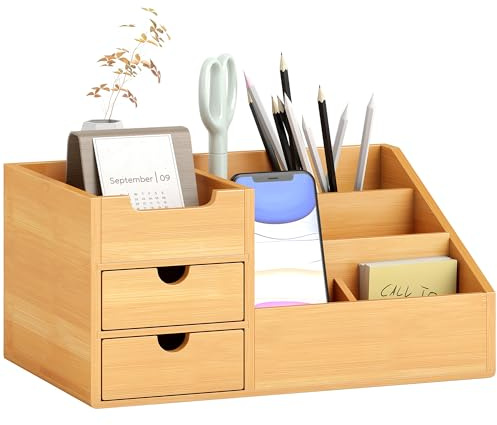 HOMCOM Organizer Scrivania in Bambù, Portaoggetti Multifunzionale con 2 Cassetti e 7 Scomparti Portaoggetti, Organizzatore per Ufficio, 33x20.5x15.5 cm