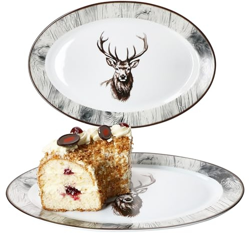MamboCat Alois 2er Set Servierplatte oval I (LxB) 35,5x24,3cm | länglicher Teller aus Porzellan mit Hirsch-Dekor & Holz-Optik I für Sushi, Antipasti, Tapas & Co. I Vorspeisenplatte