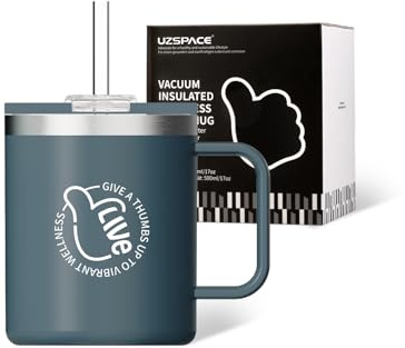 UZSPACE Travel Mug with Handle - Insulated Coffee Cup 500ml - Thermal Mug for Hot or Cold Drinks - Reusable Coffee Cups with Straw, Slate Blue