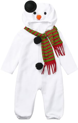 Pelele de Navidad para niños y niñas, dibujos animados, muñeco de nieve, cosplay, disfraz de forro polar suave, con capucha, conjunto de bufanda (blanco 3 6 meses) Navidad invierno