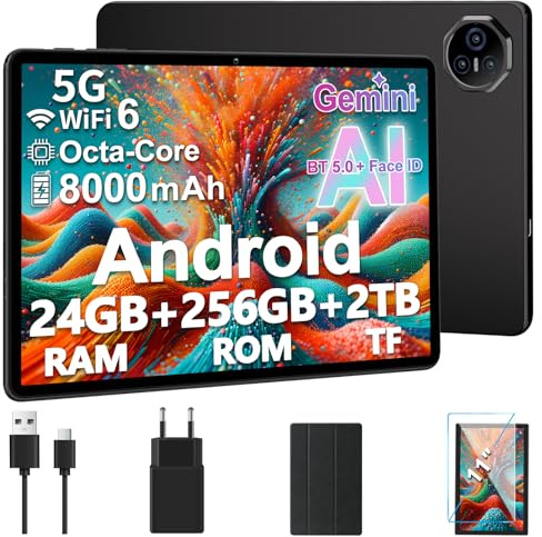 2026 Tablet 11 Pollici da Touch Android, 24GB RAM + 256GB ROM (2TB TF), 8000mAh, Octa-Core, Gemini AI, UFS 2.2 Flash, FHD IPS, Suono 3D, 13MP + 5MP, Dual WiFi, BT 5.0, Widevine L1, Face ID, Grigio