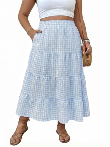 YesFashion Plus Size Skirt for Women Elastic High Waist Skirt Pleated a-Line Midi Skirt Cotton Skirt with Pocket Design