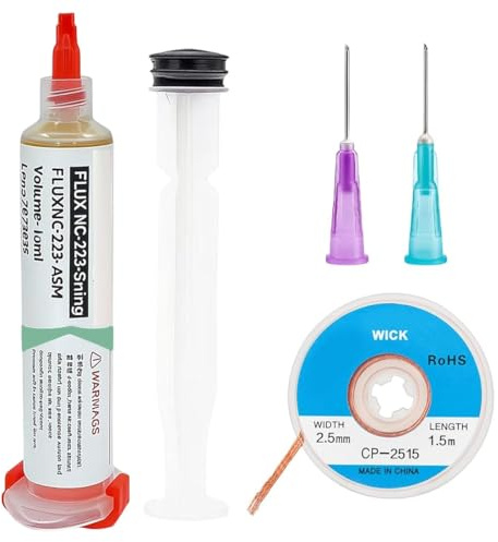 CFEWV Colofonia Pasta Saldante Fondente (Siringa Da 10 Cc) Con Filo Dissaldante (3 M/10 Piedi 2,5 Mm) Per Kit Di Riparazione Saldature Elettroniche, Fondente Saldante Treccia Dissaldante