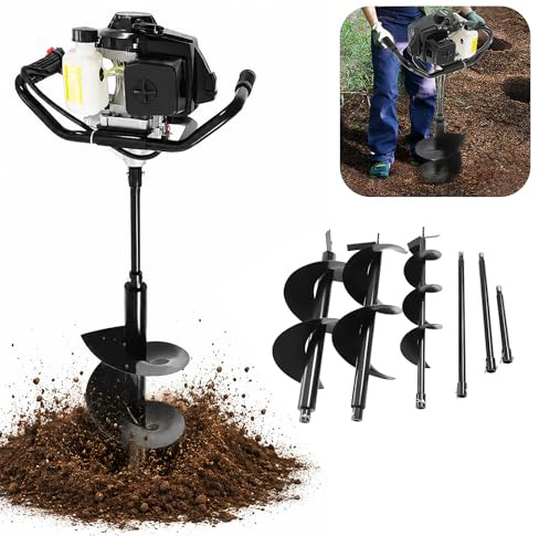 HUOMMGS Trivella per Terreno 72CC 4CV Trivella A Scoppio con 150/250/300mm & 3 Prolunga Punta Motore A 2 Tempi Professionale Mototrivella A Scoppio con Occhiali Protettivi Trivellas A Mano