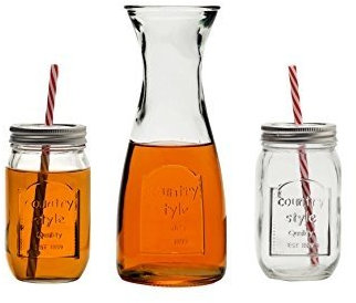 Glass Mason Jar Mugs with Metal Lids and Strong Reusable Straws with Matching 33.8 Ounce Glass Carafe, 13 Piece Set, Cups Are 16 Oz Yorkshire Country Style Old Fashioned Shaped Glass Ball Mason Jars By Circleware, Glassware Drinkware Drinking Glasses/cups Set by Circleware