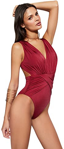 Trendyol Bañador de Punto Liso para Mujer, Granate, 42