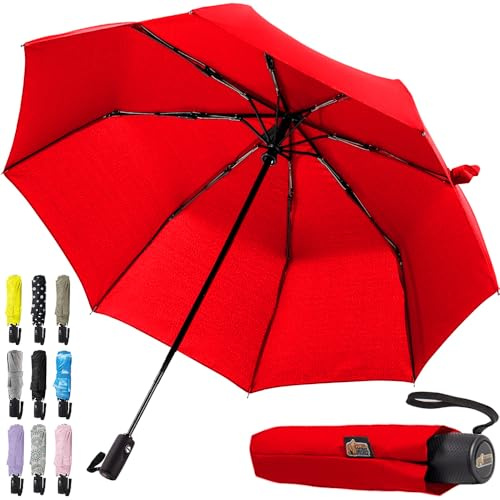 GORILLA GRIP Compact Travel Size Umbrella for Rain, Sleek Design, Red