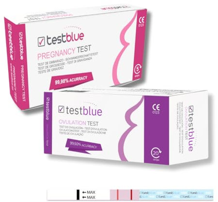 TestBlue 20 test di ovulazione (25mlU/ml) e 5 test di gravidanza (25mlU/ml) | Kit di test di fertilità e gravidanza ultra ensibile risultati rapidi e accurati | Strisce di ovulazione e gravidanza