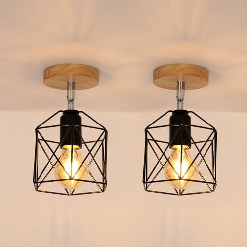 Tealight 2 Piezas Lámparas de Techo Vintage, Retro Lámpara Colgante de Madera Metal Diseño de Jaula Pantalla Negro E27 Luz Iluminación de Techo Interior para Pasillo Dormitorio Salón (Plafón)