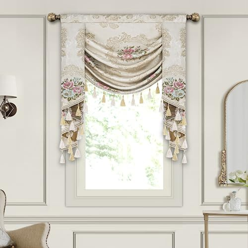 TOPLUXE Swag Valance for Windows, Floral Waterfall Valance with Tassels, Short Curtain for Bedroom Living Room Kitchen, Rod Pocket (Width 100cm, Beige)