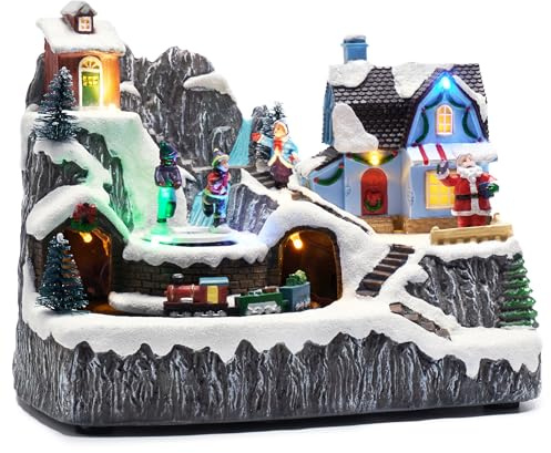 Valery Madelyn Christmas Village Scene with LED Lights and Train, Battery Operated Musical Resin House Gift for Christmas Home Indoor Decorations,Santa Claus and Winter Wonderland Cottage, 9 Inch