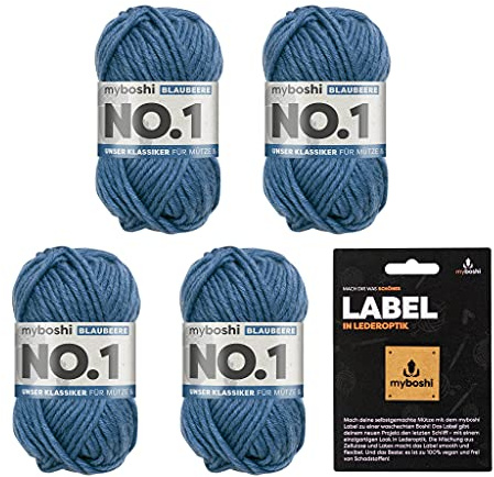 myboshi No.1 Wolle zum Häkeln und Stricken, Schnellstrickgarn, inkl. Label, Strickwolle, Häkelwolle, mulesing-frei, Ll. 55m /50g, 30% Wolle (Merinowolle) Blau (Blaubeere), 4 Knäuel