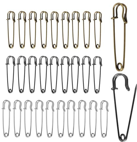 Extragroß Sicherheitsnadel, 30 Stück Große Sicherheitsnadeln Set, Robuste Sicherheitsnadeln Sortiert, Safety Pins Large für Decken, Strickzeug, Schmuck und Handarbeiten (Silber, Gold, Schwarz)