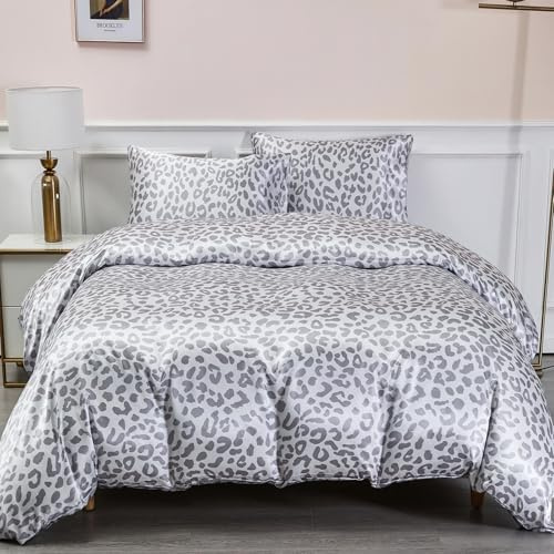 DuShow Juego de funda de edredón de satén doble, juego de ropa de cama de satén de 3 piezas de leopardo gris (1 funda de edredón + 2 fundas de almohada), juego de funda de edredón suave y sedosa