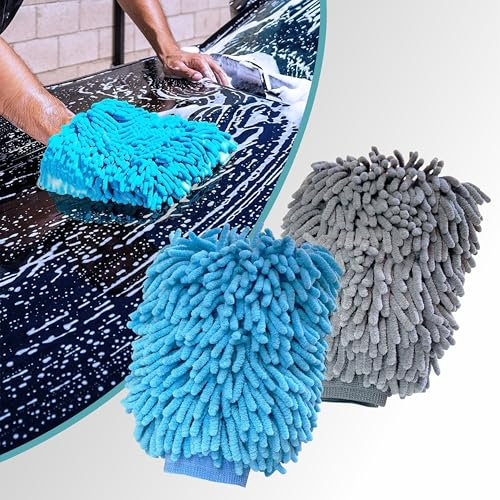 DoitEasy® UK Premium 2 x Microfibre Car Wash Mitts: Microfibre Car Washing Sponge Mitts Super Absorbent, Ultra Soft, Anti Scratch Car Cleaning Gloves, Gift Product, Safer than Cleaning Cloth/Sponge