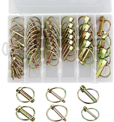 52 pièces Goupille de lynch avec anneau pour remorque de tracteur agricole，Assortiment de goupilles clips rond sécurité 4.5-6-8-11 mm Acier Galvanisé