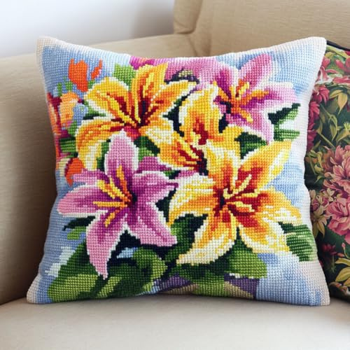 Kreuzstichkissen Set, Bunte Lilienblüten Kissenbezug Zum Sticken Kreuzstich 45X45cm Stickkissen mit Muster Stickset Kreuzstich Kissen zum Basteln Stickkissen Stickpackung
