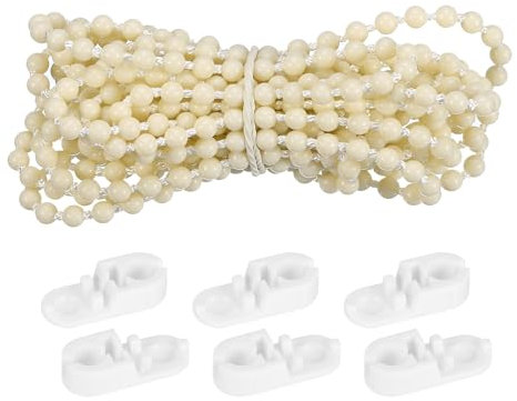 sourcing map Cordón de cadena de cuentas para cortina, 3 metros, cuerda de cadena de cuentas de plástico con 3 conectores de cadena para persianas enrollables, color beige/blanco