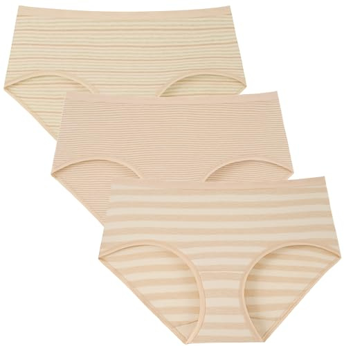 OEIOEI Ropa interior 100% algodón para mujer, color natural, calzoncillos suaves de tiro medio, paquete de 3, Rayas de colores naturales, XL