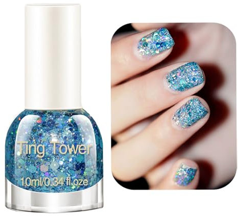 Blue Nail Polish - Glitter Nail Varnish -10ML Quick Dry & Long Lasting Holographic Nail Polish - Rainbow Blue Nail Varnish Glitter - Sparkle Light Blue Nail Varnish for DIY Nail Art