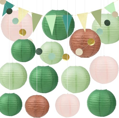 TEUYOE Set di 14 lanterne di carta, lanterna di carta rotonda con bandierine verdi e ghirlanda di carta verde bosco per matrimoni, feste di compleanno, decorazioni per feste in giardino