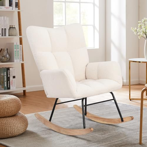 Schaukelstuhl Relaxstuhl Outdoor Sessel Wohnzimmer Stillsessel,Schaukelsessel Gepolsterter Schwingsessel bis 136 kg belastbar Lounge Chair fürs Wohnzimmer Schlafzimmer Balkon M0301（Weiß）