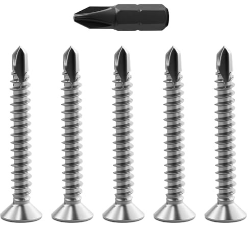 185 tornillos de cabeza plana, tornillos autorroscantes, tornillos autorroscantes para metal, M4.2 x 32 mm, 410 acero inoxidable, cabeza Phillips, con 1 pieza de broca cruzada 25 mm, para bricolaje