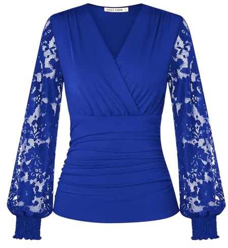 GRACE KARIN Women’s Long Sleeve Tops Elegant Wrap V-Neck Ruched Tunic Blouses Casual Vintage Blouse Shirt for Evening