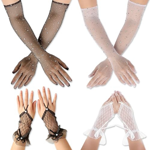 YiiHHooN 4 Paio Guanti in Pizzo Da Donna, 2 Colori E Stili Guanti Pizzo, Guanti Da Donna in Pizzo Senza Dita Lunghi Corti Guanti da Sposa Bianco Nero Da Prom Accessori per Costumi Da Tea Party