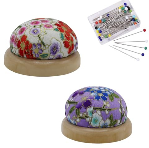 2 Pack Floral Pin Cushions for Sewing with Wooden Base – Includes 40+ Colorful Pearl Pins Decorative, Portable Needle Holder for Quilting, Embroidery & Craft (White & Purple)
