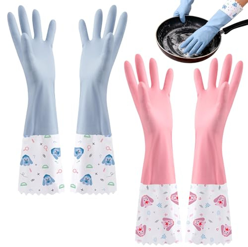 ZenyTra Haushaltshandschuhe Set Mit Flauschfutter - 2 Paar Extra Lange & Isolierte Spülhandschuhe Für Reinigung & Gartenarbeit, Wasserdicht & Extra Dicke Wärmeisolierung, Breite Passform (Rosa+ Blau)