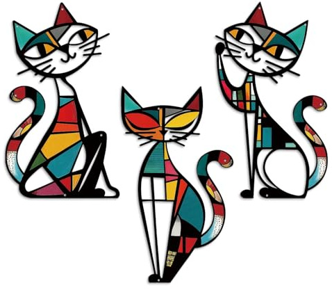 Putuo Decor Set de 3 Decoraciones murales de Gatos en Metal, Estilo Mid-Century, diseño geométrico Efecto Mosaico/vitral, Hierro, para salón Entrada Pasillo Oficina, Idea de Regalo