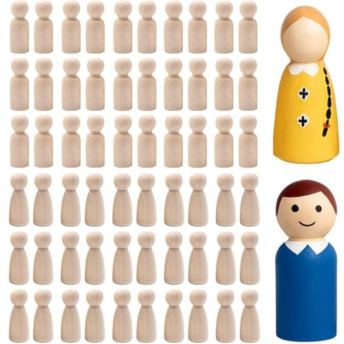60Pcs Wooden Peg Dolls Set, 35mm Unfinished Wooden Figures | 30 Female & 30 Male Mini Wooden Dolly Pegs, Mini People Figures for DIY Painting & Decor
