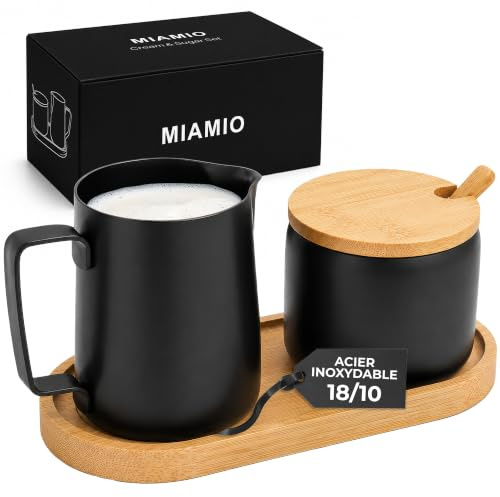 MIAMIO - Set med mjölkkanna och sockerskål med bambubricka (Svart) | Mjölkkanna 330 ml och sockerskål 270 ml med bambubricka och sked för kaffe, te och frukost - tål maskindisk