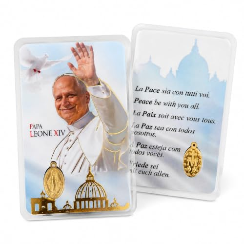 Lunexus bönkort Papst Leo XIV med underbar medalj, 9 x 5 cm | Välsignad horn, Vatikan auktoriserad, minnesmärke, helliga bilder, dopgåva, nattvardsgång, konfirmation
