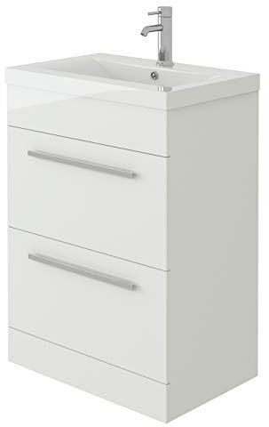 VeeBath Venus 600 Vanity Unit, Mid Edge Wash Basin Bathroom Sink, Soft Close Drawer, Cloakroom Wall Mounted Storage Cabinet- White (Flat Pack)