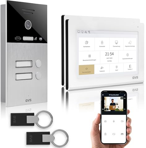 GVS - IP Video Türsprechanlage 2-Familienhaus mit Türöffner (RFID), HD Kamera, 2x7 Zoll Monitor & App - Smarte Video Türklingel mit Kamera & Gegensprechanlage (AVS4457U)