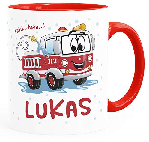 SpecialMe® Kindertasse Personalisiert Feuerwehrauto Tatü Tata Namenstasse Kinder Jungen Mädchen Kinderbecher Keramik inner-rot Keramik-Tasse