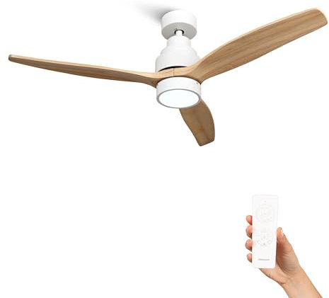 Mellerware - Ventilateur de plafond avec télécommande Brizy! Bright 45W | Lampe puissante | Ultra silencieux | 3 lames | Diamètre 132cm | 6 vitesses | Refroidissement + LED intégrée | Bois clair