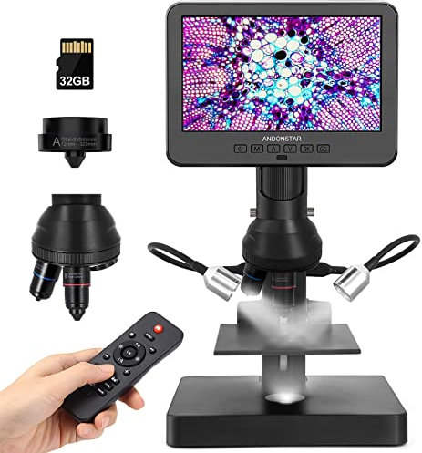 Andonstar AD246S-P Microscope numérique HDMI avec écran de 7'', Enregistrement vidéo UHD 4000x 3 objectifs 2160P, kit Microscope Biologique pour Adultes