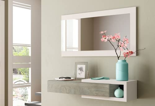 CAESAROO Mobile da Ingresso sospeso Bianco Opaco e Rovere con cassetto e Specchio - Rovere e Bianco