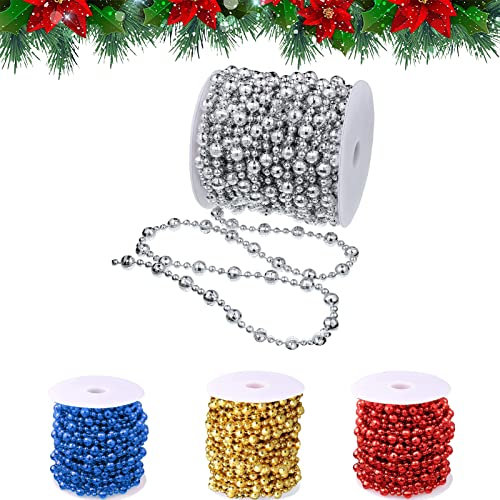 Guirlande de Perles de Sapin de Noël 15M Ornements de Sapin de Noël Ruban de Perles | Diamètre de la Perle 8 mm et 4 mm | Décoration de chaîne de Sapin de Noël (Argent)