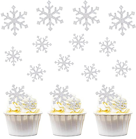 Ercadio 15 adornos de copo de nieve para cupcakes, acrílico transparente con purpurina brillante, copos de nieve, decoración de tartas, baby shower, tema de invierno, suministros de decoración de
