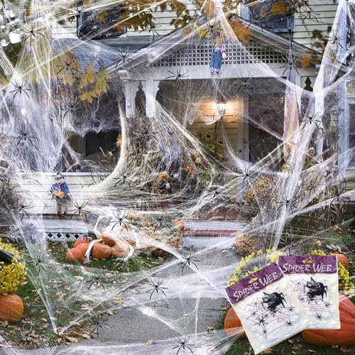 Wzone 200g de telarañas Decorativas de Halloween + 60 Piezas de araña, Tela de araña elástica, decoración de Halloween, decoración de jardín, Horror Helloween, artículo Decorativo para Exterior,